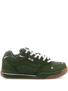 green calf suede multi-panel design padded design logo patch at the tongue logo tag branded heel counter round toe front lace-up fastening branded insole flat rubber sole logo at the sole Original box and papers included. Green Suede Casual Sneakers, Casual Green Suede Sneakers, Green Vans Skate Shoes With Gum Sole, Vans Leather Custom Sneakers With Round Toe, Vans Custom Leather Sneakers With Round Toe, Green Suede Sneakers With Round Toe, Green Vans High-top Lace-up Sneakers, Vans High-top Green Skate Shoes, Vans Green High-top Skate Shoes