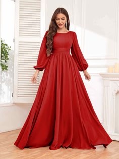 #color_Red Solid Fitted Chiffon Prom Dress, Solid Fitted Chiffon Dress For Prom, Solid Pleated Prom Dress, Solid Pleated Dress For Prom, Elegant Chiffon Dress With Ruched Bodice For Banquet, Solid Color Chiffon Empire Waist Dress, Formal Floor-length Chiffon Dress With Ruched Bodice, Fitted Floor-length Chiffon Dress With Ruched Bodice, Chiffon Maxi Dress With Ruched Bodice For Party