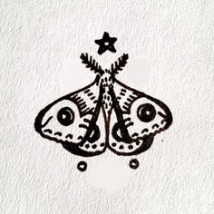 a black and white drawing of a butterfly with stars on it's back end