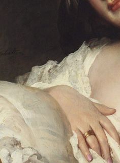 a painting of a woman in white dress with her hand on her chest, resting