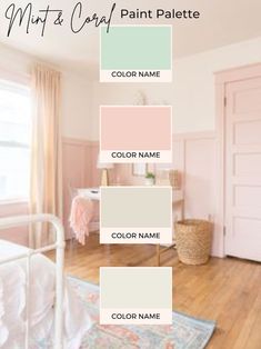 a bedroom with pink and green paint colors on the walls, along with a white crib