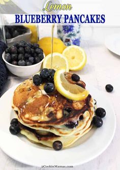 lemon blueberry pancakes on a white plate