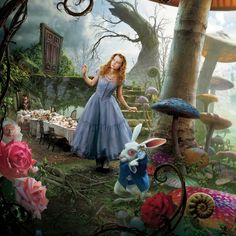 alice and the white rabbit in wonderland scene with table full of food, flowers and mushrooms