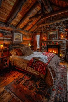 a bed sitting in a bedroom next to a fire place on top of a wooden floor