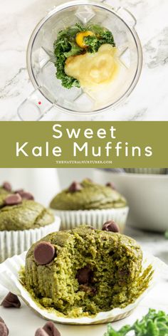 some green muffins with chocolate chips on top and another muffin in the background