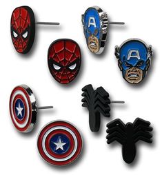 the avengers earrings are designed to look like captain america's head, shield and helmet