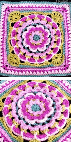 crocheted granny granny's square is shown in two different colors, one pink and the other green