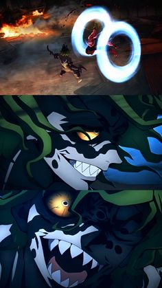 two different images with the same character in front of fire and flames, one showing an evil