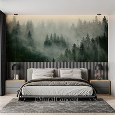 a bedroom with a large painting on the wall above it and a bed in front