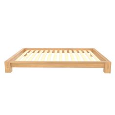 a wooden bed frame with no sheets on it, in front of a white background