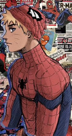 spider - man in front of newspaper clippings with his head tilted to the side