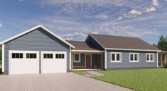 this is a computer rendering of a two car garage and attached to the front of a house