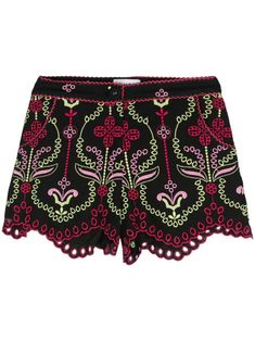 black/multicolour cotton blend floral embroidery embroidered motif scallop edge scallop hem thigh-length full lining concealed fly and button fastening Black Embroidered Cotton Shorts, Black Floral Embroidered Bottoms For Summer, Black Bottoms With Floral Embroidery For Summer, Embroidered Black Summer Shorts, Chic Embroidered Short Length Shorts, Embroidered Black Shorts For Summer, Fitted Floral Embroidery Shorts, Charo Ruiz Ibiza, Charo Ruiz