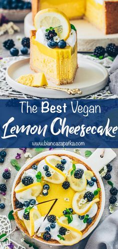 the best vegan lemon cheesecake with fresh blueberries on top is ready to be eaten