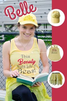 a woman sitting on a bench wearing a yellow shirt and hat with the words bellie printed on it