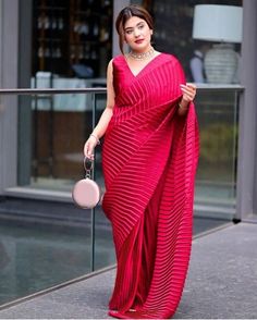 Red Ruffle Saree, Crushed Saree, Synthetic Saree, Pleated Saree, Hot Pink Blouses, Designer Sarees Wedding, Karwa Chauth, Fancy Sarees Party Wear