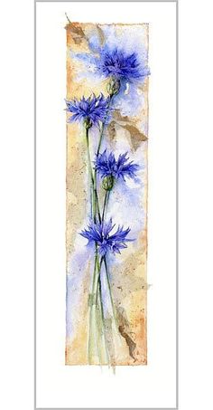 watercolor painting of blue flowers in a vase