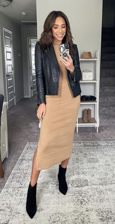 Cute Trendy Modest Outfits, Office Outfits Women Long Sleeve, Business Casual Outfits For Women Winter 2024, Winter Little Black Dress Outfit, Fall Causal Outfits Women 2023, Turtle Neck Sweater Dress Outfit, Executive Attire Women, Nice Dinner Outfit Winter Classy, Mid Dress Outfit