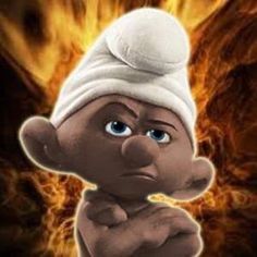 the smurch from shrap is shown in front of a blazing background