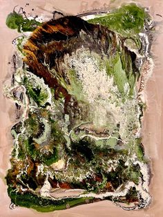 an abstract painting with green and brown colors