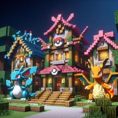 the pixel houses are all made up of different types of pokemon and pikachu