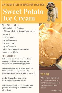 a recipe for sweet potato ice cream with a dog on it's back side