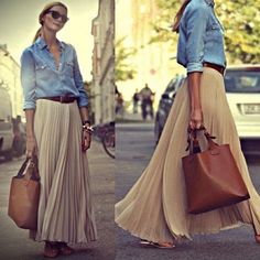 Denim Shirts, Moda Chic, Looks Street Style, Long Skirts