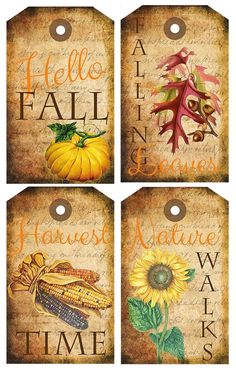 four tags with autumn images on them