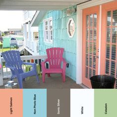 colorful chairs on the front porch of a house with blue and green paint colors in different shades