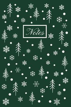 a green christmas card with white snowflakes and trees