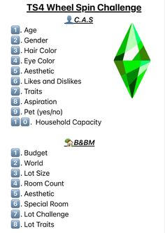 an image of a green diamond with the words ts4 wheel spin challenge on it