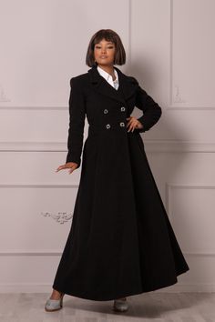 "Luxurious Coat, Black Maxi Coat, Winter Coat Women Crafted in soft winter wool cashmere, this beautiful belted swing overcoat for women is an elegant cover-up this season. Cinched at the waist, this long winter coat will give any lady a stunning princess silhouette that is bound to turn heads! With this maxi satin-lined coat, cozy has never been so chic. 𝙺 𝙴 𝚈 𝙵 𝙴 𝙰 𝚃 𝚄 𝚁 𝙴 𝚂 - Shoulder pads - Button in the back and on the sleeves - Double-breasted button closure - Princess-cut - Flo Elegant Full-length Outerwear For Fall, Elegant Full Length Outerwear For Fall, Elegant Black Full Length Outerwear, Elegant Full-length Outerwear For Office, Fitted Black Belted Wool Coat, Long Winter Dresses, Overcoat For Women, Double Breasted Coat Women, 1940 Dress