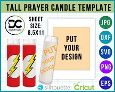 two candles with the words put your design next to each other and an image of a lightning