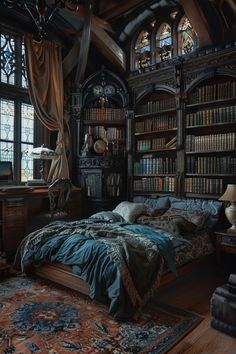 a bedroom with a large bed and lots of bookshelves