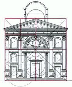 an architectural drawing of a building with arches and doorways in the center, on a white background