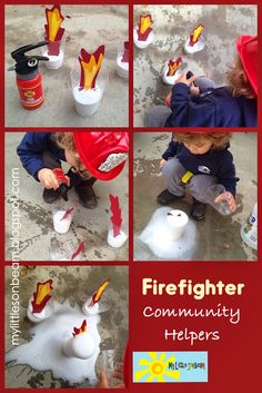 there is a collage of photos showing fire fighters and their toys in the sand