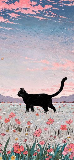 a black cat walking across a field of flowers