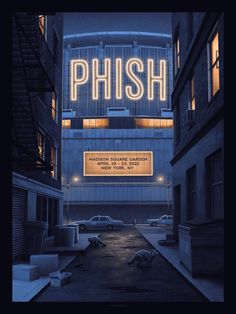 an image of a neon sign that says phish on the side of a building