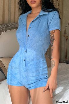 Olivia Mark - Blue Womens Casual Solid Romper with Turndown Collar Style Bleu, Rompers Online, Casual Rompers, Makeup Makeover, Turndown Collar, Wholesale Fashion, Olivia Mark, Blue Fashion, Fashion Casual