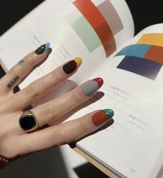 Colourful Short Nails, Different Coloured Nails, Color Combination Nails, Chaotic Nails, Nail Art Inspo Aesthetic, Nail Art Colourful, Eccentric Nails, Terracotta Nails, Colourful Nails