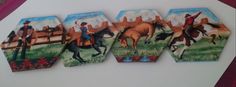 four pieces of paper with horses and cowboys on them are sitting on a table next to each other