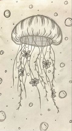 a drawing of a jellyfish in the water with bubbles on it's surface