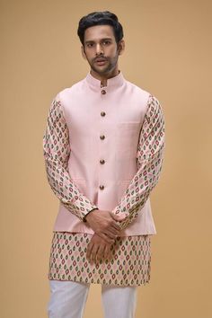 Peach sleeveless bundi crafted in cotton silk. Paired with an ikat print kurta and pant. - Aza Fashions Solid Kurta Set, Kurta Set For Men, Nehru Jackets, Ikat Print, Kurta With Pants, Band Collar, Kurta Set, Pants Pattern, Cotton Silk