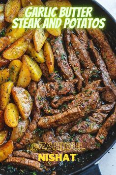 garlic butter steak and potatoes skillet with text overlay