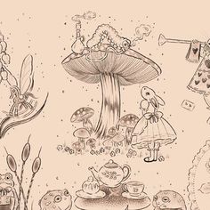 an image of a cartoon scene with mushrooms and teapots in the foreground