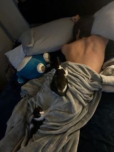 a man laying on top of a bed covered in blankets and pillows with two cats sleeping next to him