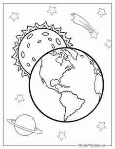 a coloring page with the earth and stars