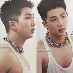 two pictures of a young man with a chain around his neck and wearing a white tank top