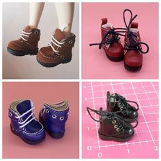 four different pictures of shoes with laces on them and one has a doll's feet