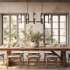 a dining room table with chairs and vases on it